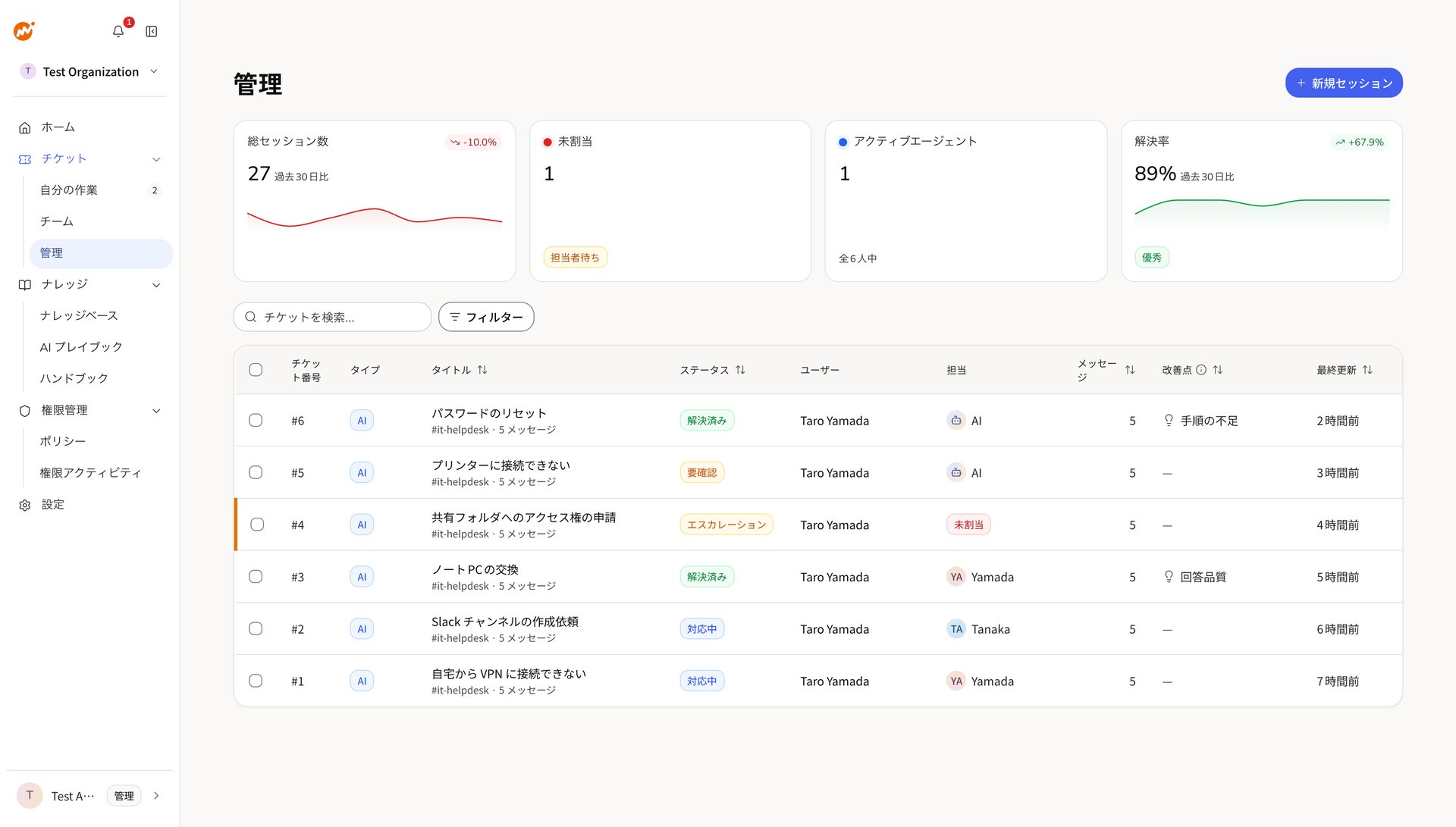 チケットの管理ビューで、フィルターのボタンと、ステータス列の要確認、改善点の列の回答品質と手順の不足が表示されている状態
