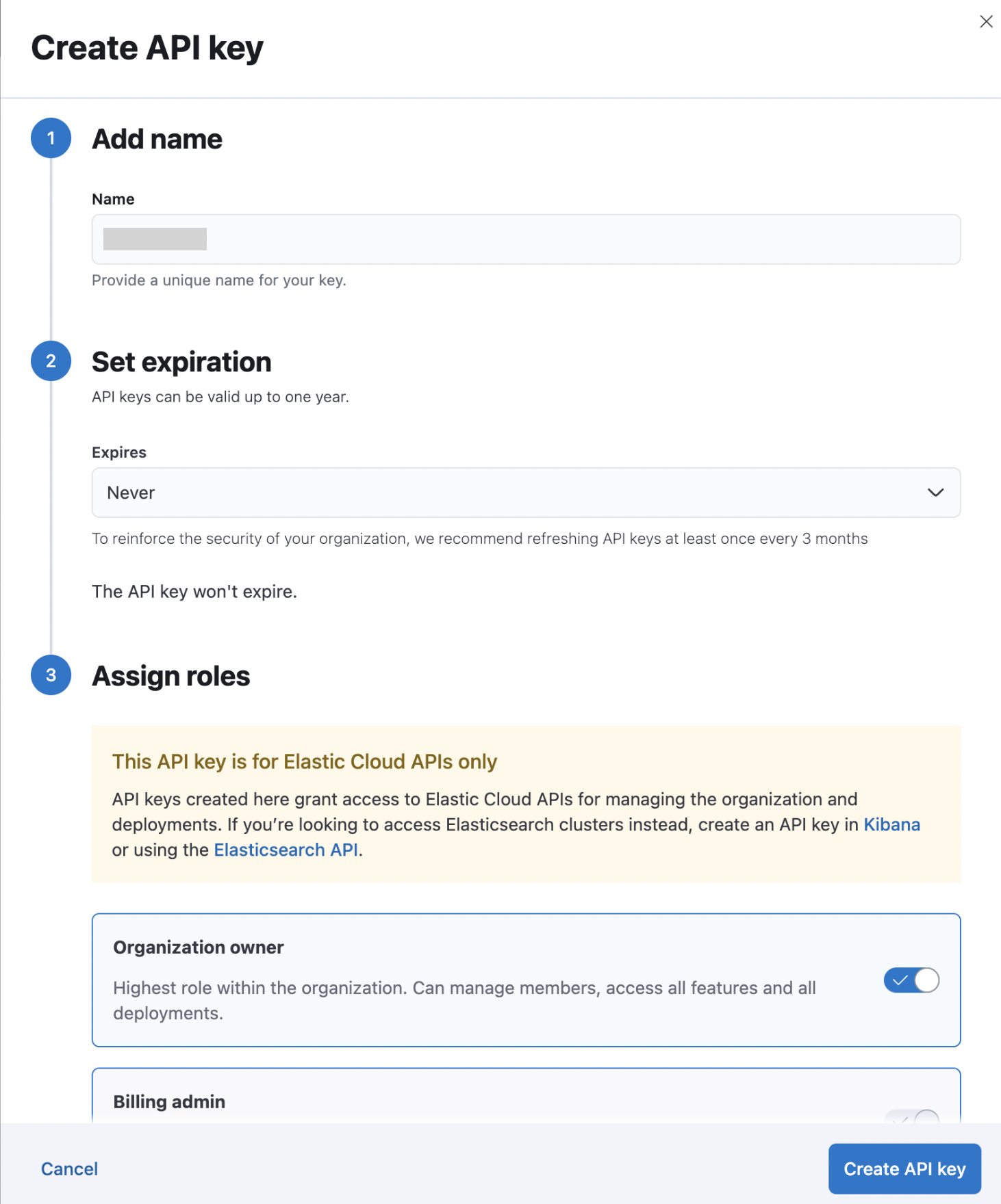 Create API key screen