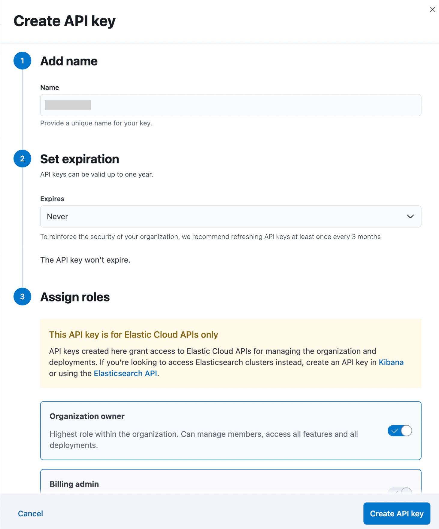 Create API key screen