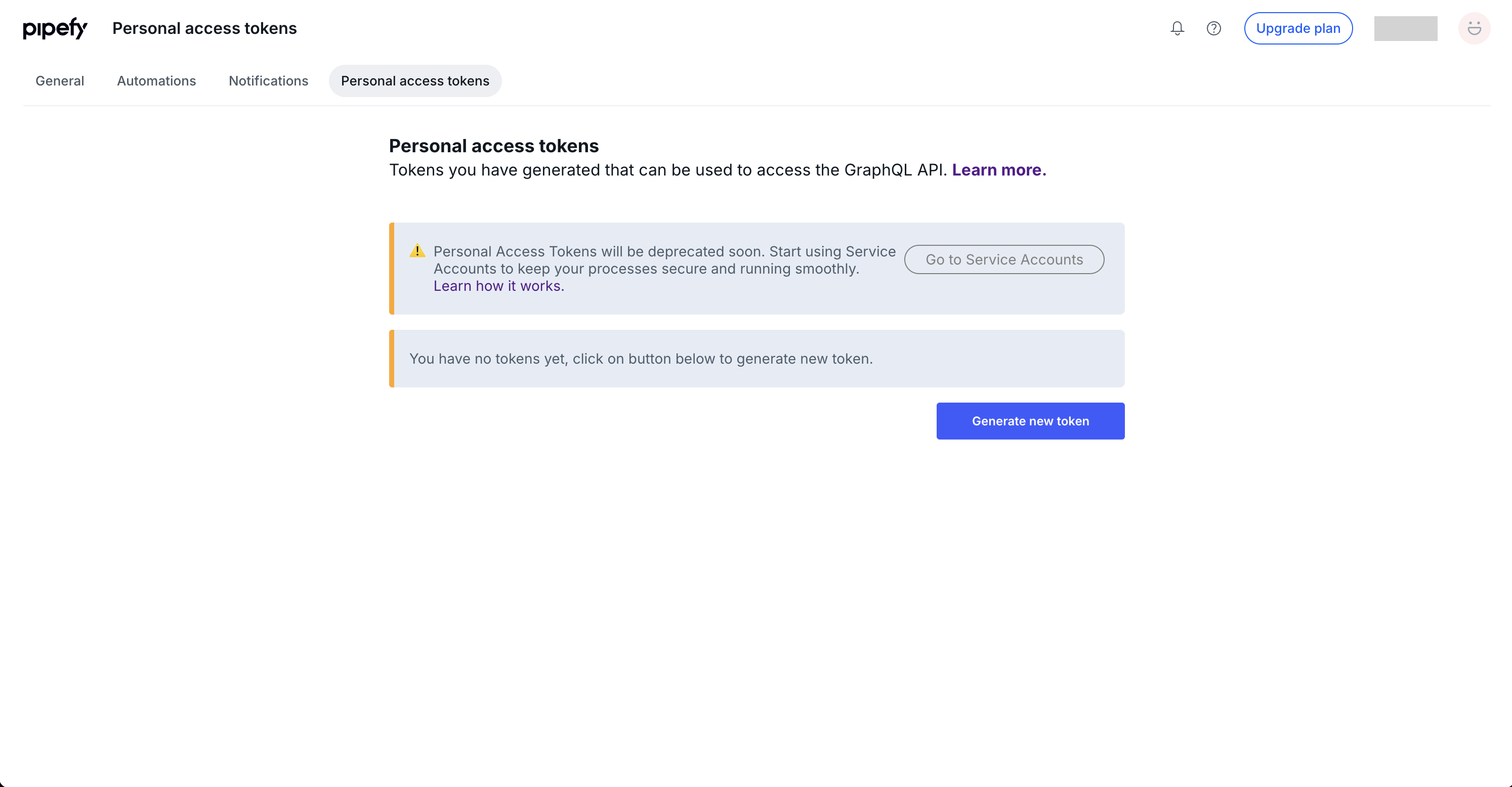 Personal access tokens screen