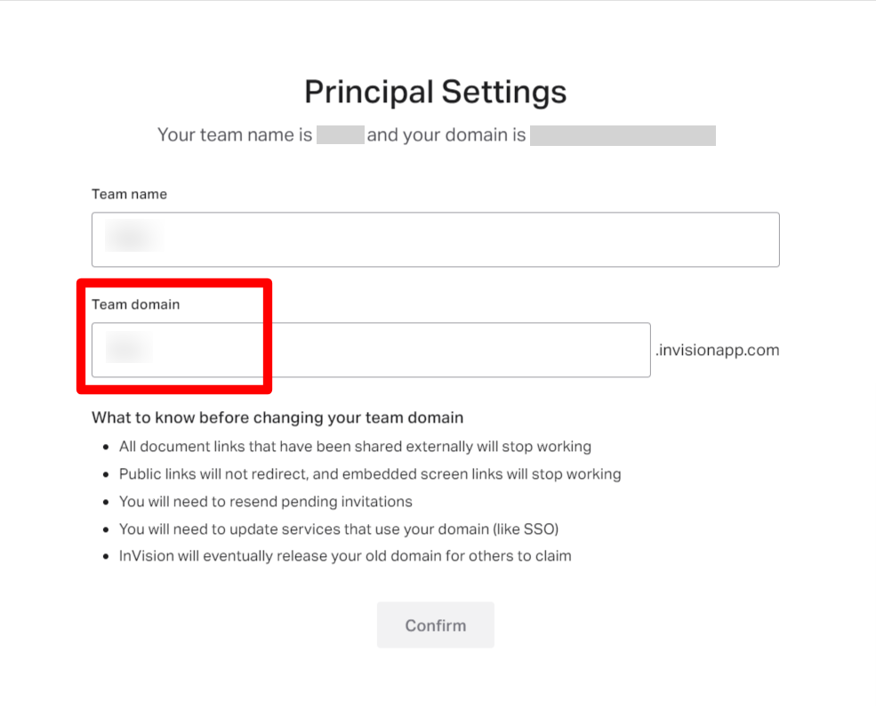 Principal Settings screen