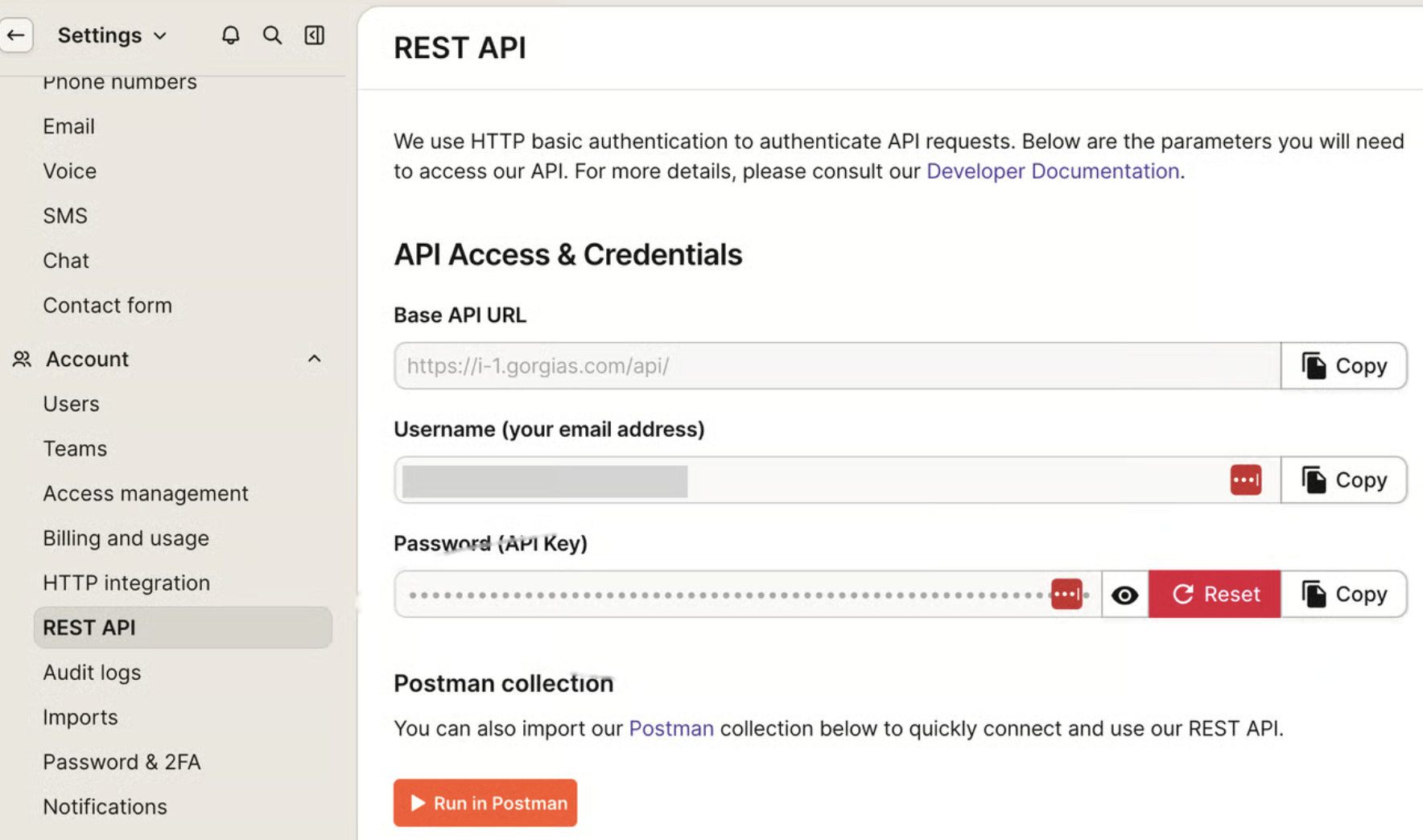 GorgiasのREST API画面でAPIキーを取得する画面