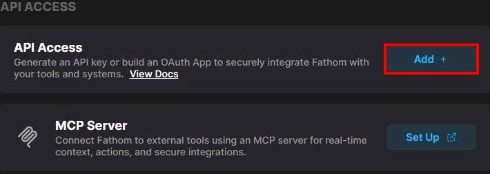 API ACCESS section of the settings screen with the Add button for API Access highlighted
