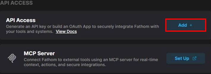 設定画面のAPI ACCESS欄でAPI AccessのAddボタンが示されている状態