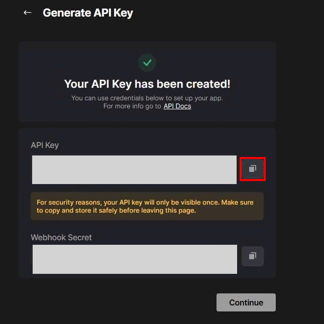Generate API Key screen with the copy icon for the issued API Key highlighted