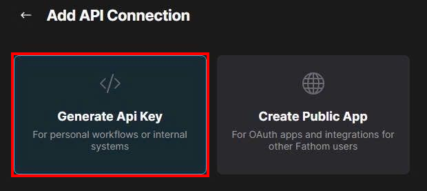 Add API Connection screen with Generate Api Key highlighted
