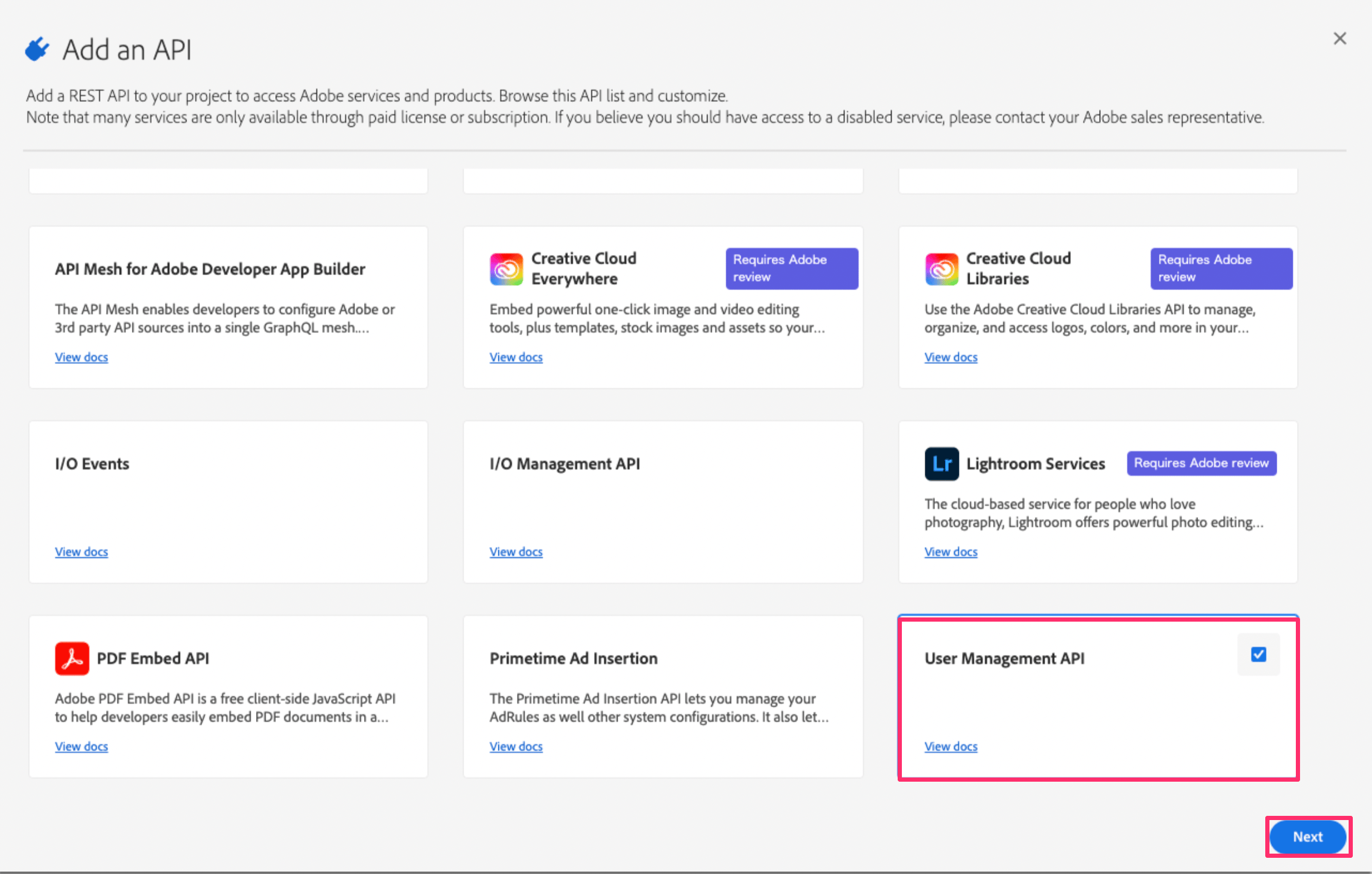 UserManagement API選択画面