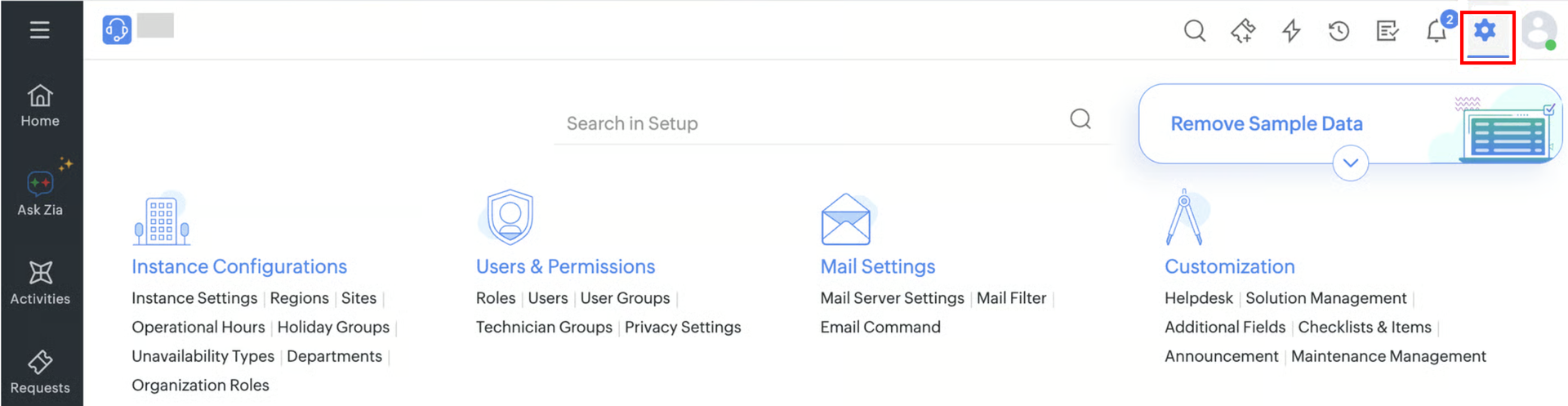 Settings icon at the top right of ManageEngine ServiceDesk Plus (Cloud)