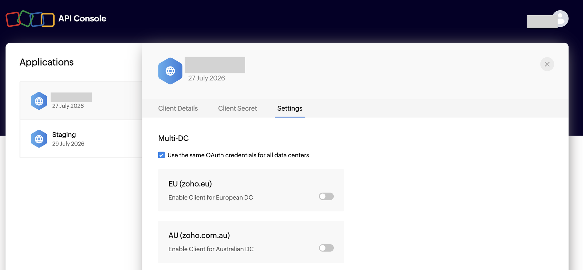 Multi-DC settings on the Settings tab