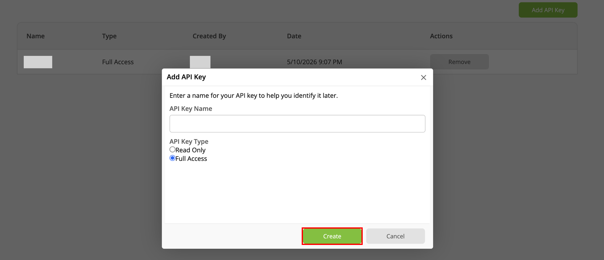 Add API Key dialog with the Create button at the bottom right highlighted