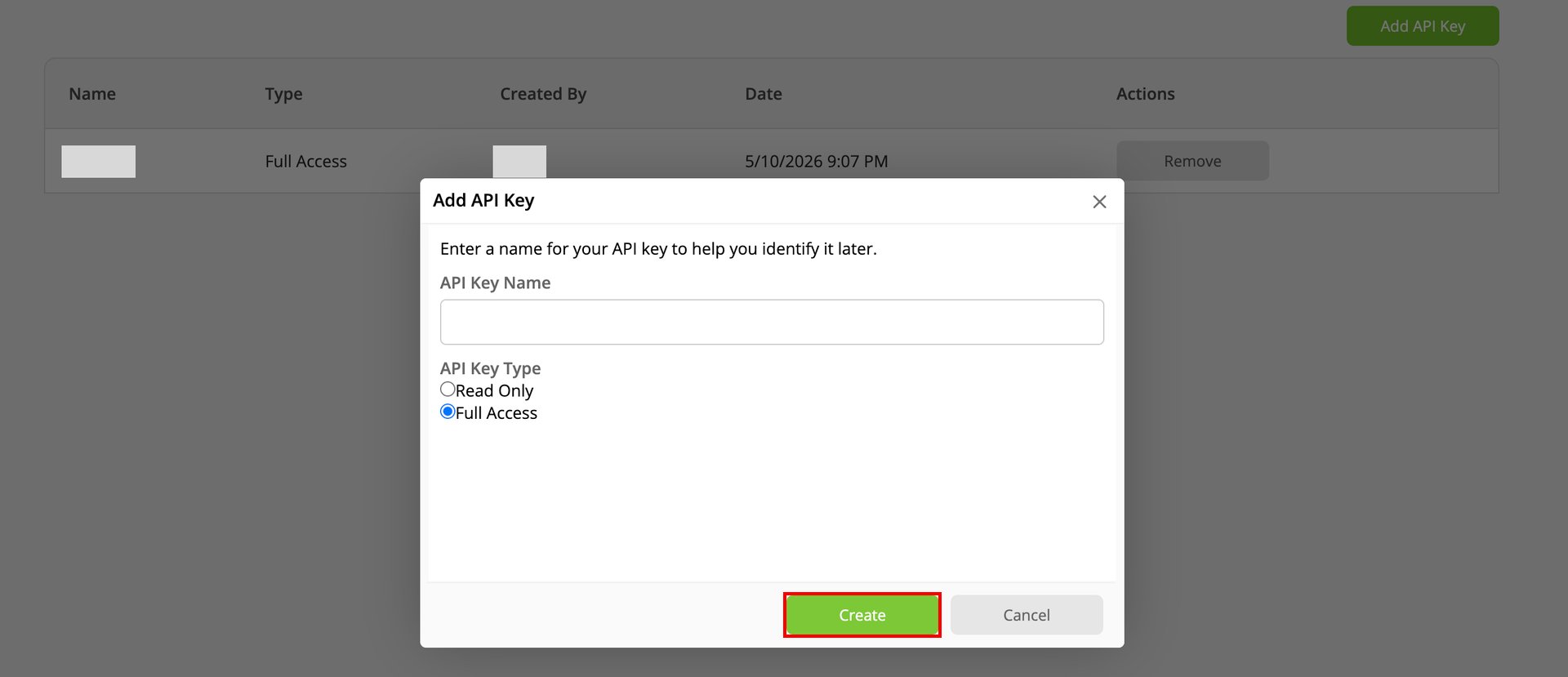 Add API Key dialog with the Create button at the bottom right highlighted