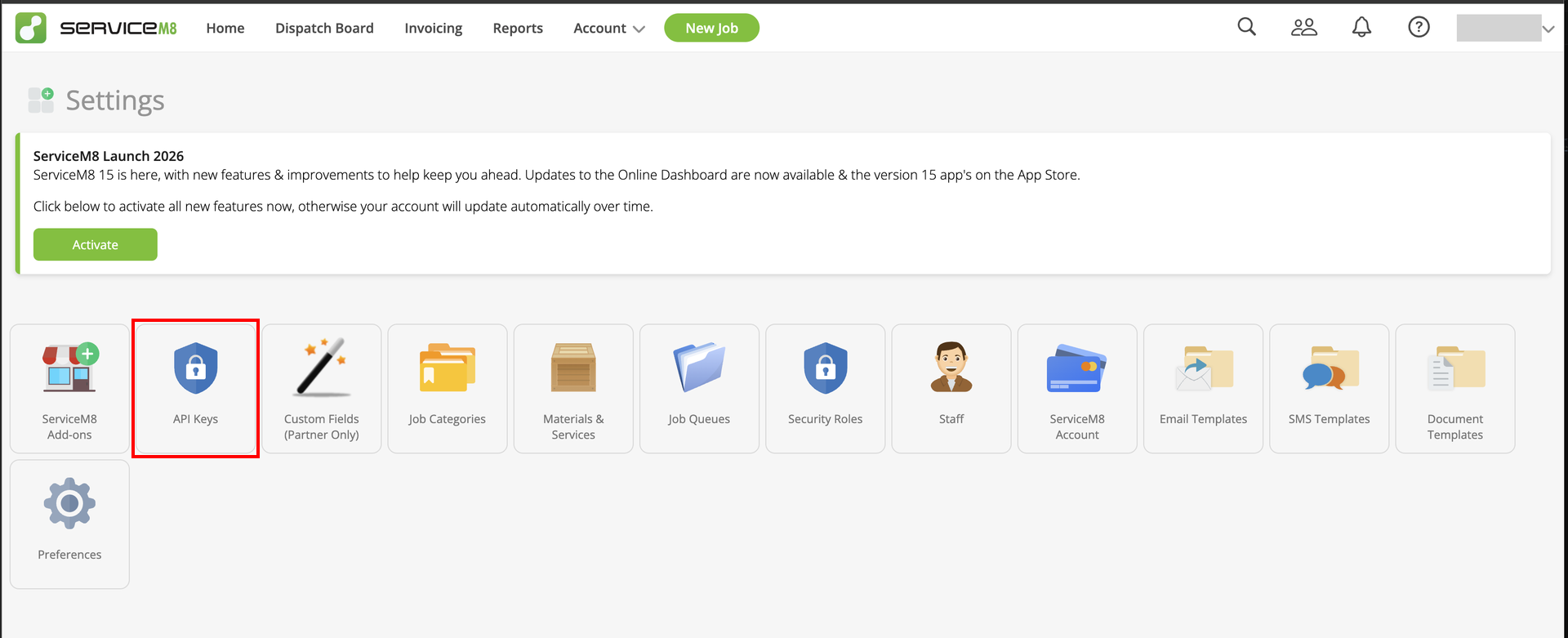 ServiceM8 Settings screen with the API Keys icon highlighted