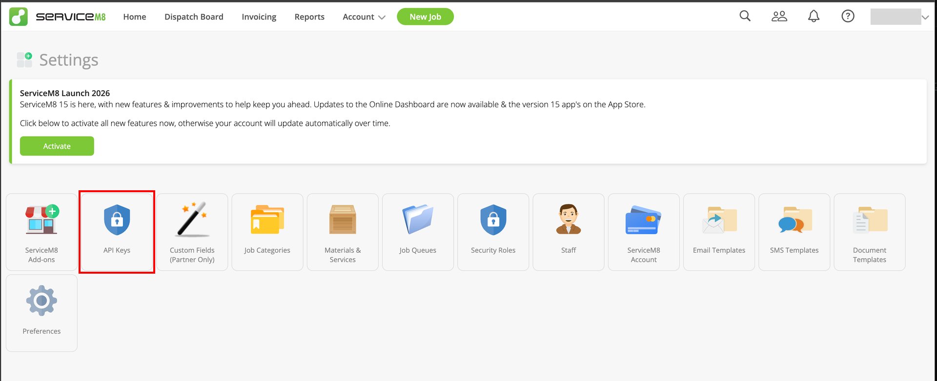 ServiceM8 Settings screen with the API Keys icon highlighted