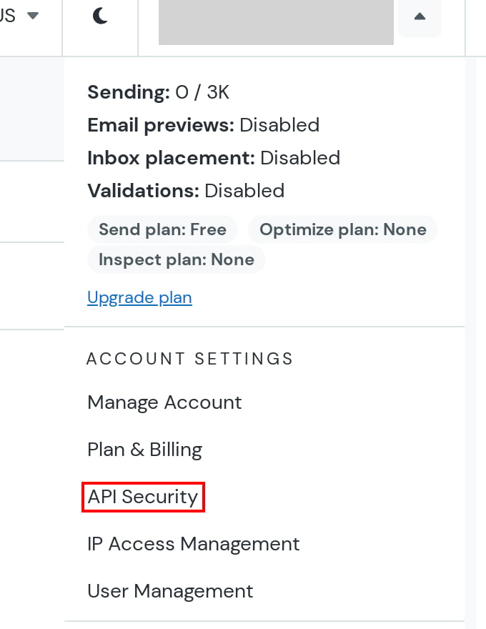 Mailgunのプロフィールメニューで、ACCOUNT SETTINGSにあるAPI Securityが示されている状態