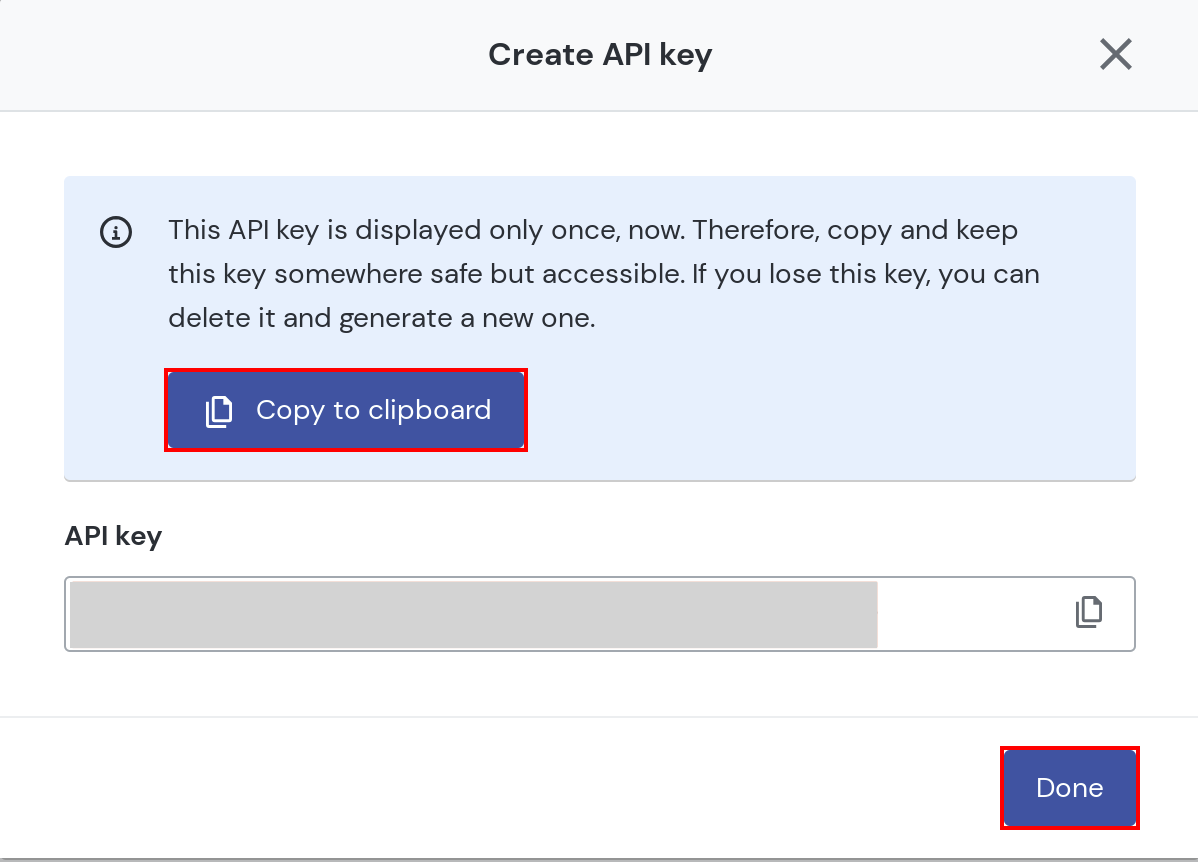 Mailgun screen showing the API key, with the Copy to clipboard button and the Done button highlighted