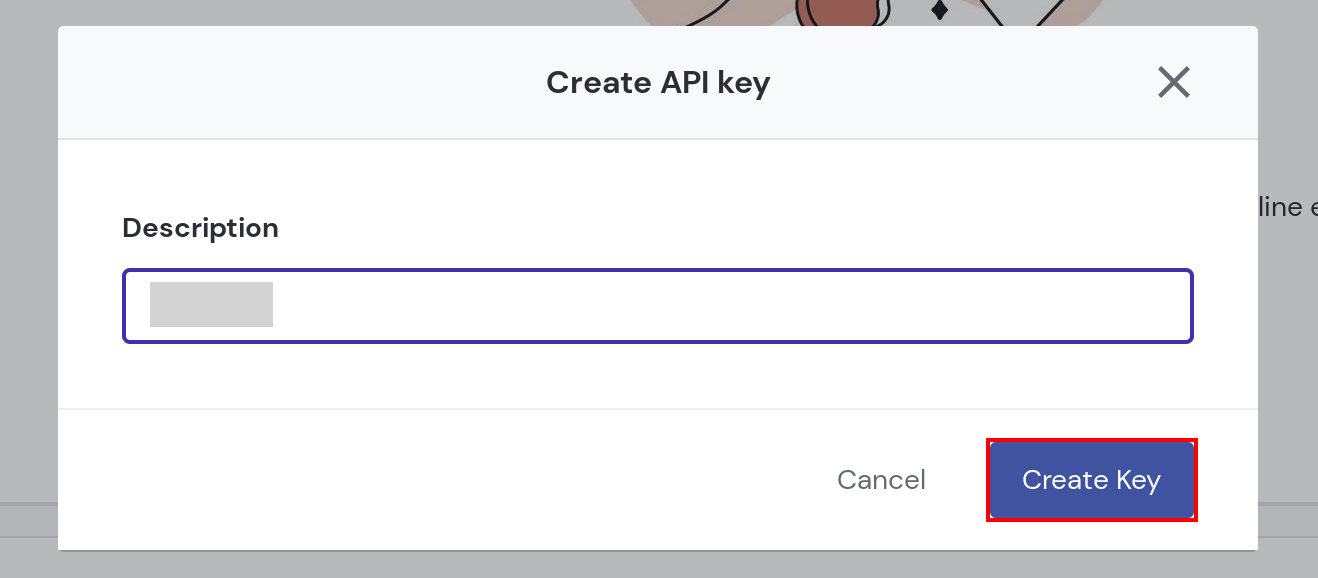 Mailgun Create API key screen with the Description field and the Create Key button highlighted