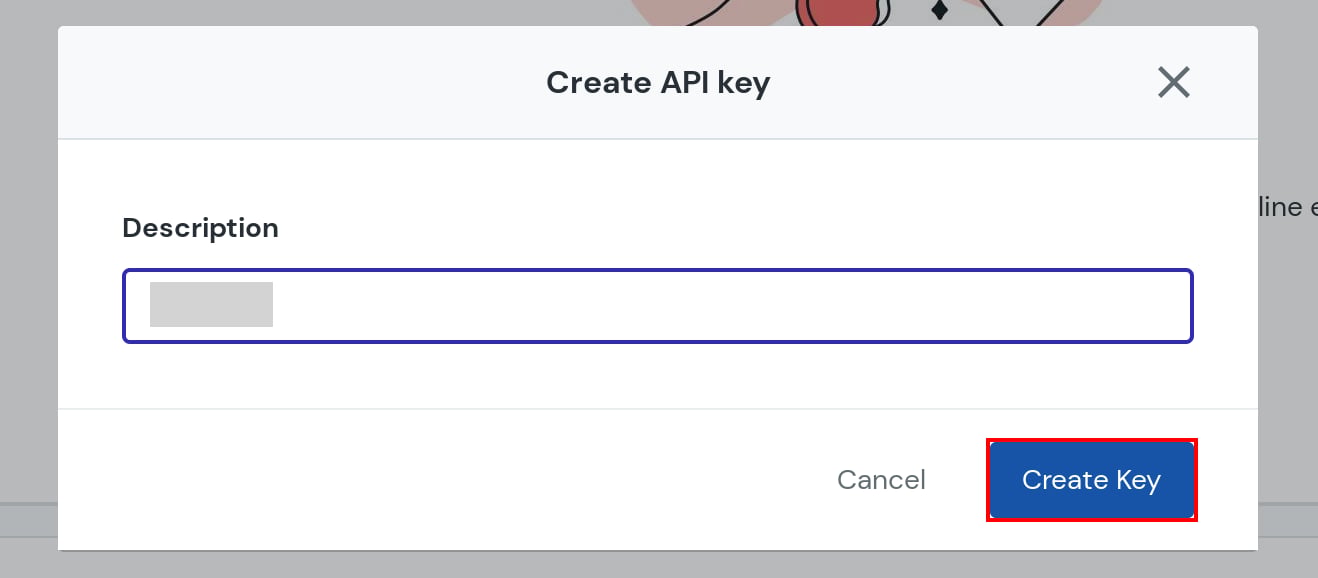 MailgunのCreate API key画面で、Descriptionの入力欄とCreate Keyボタンが示されている状態