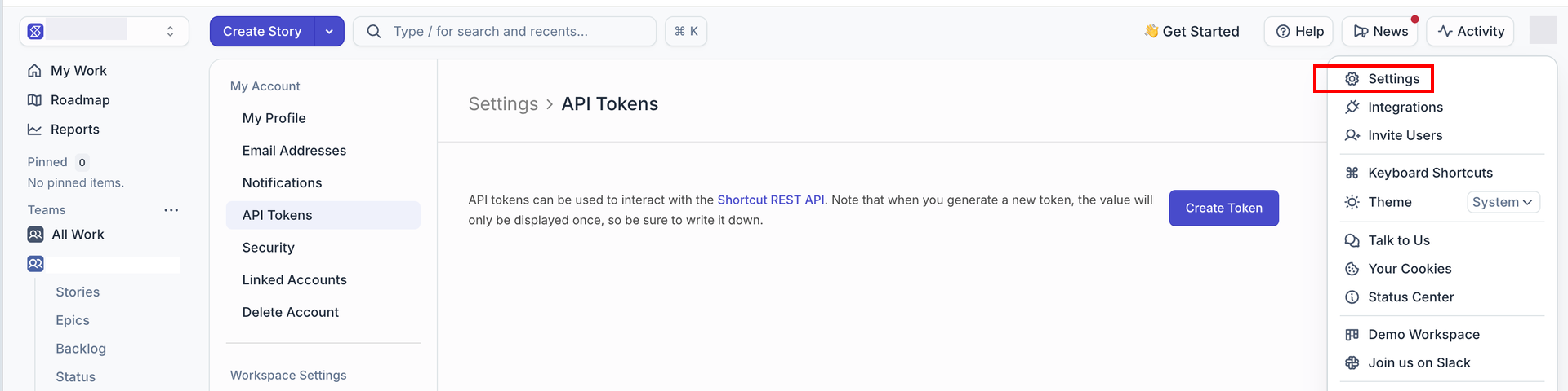 API Tokens screen