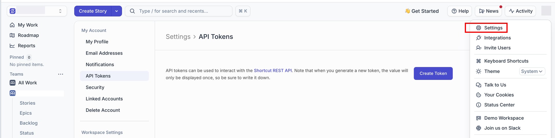 API Tokens screen