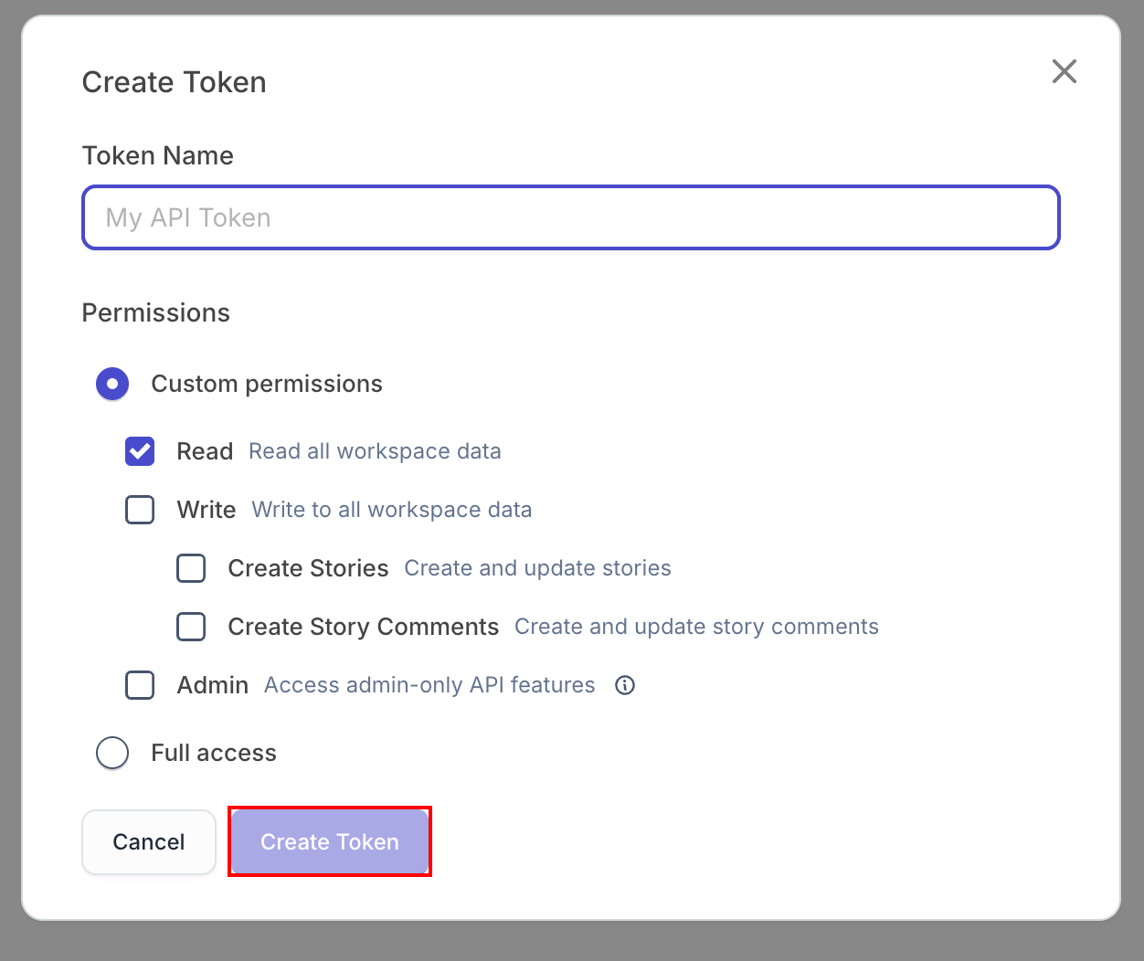 Create token screen