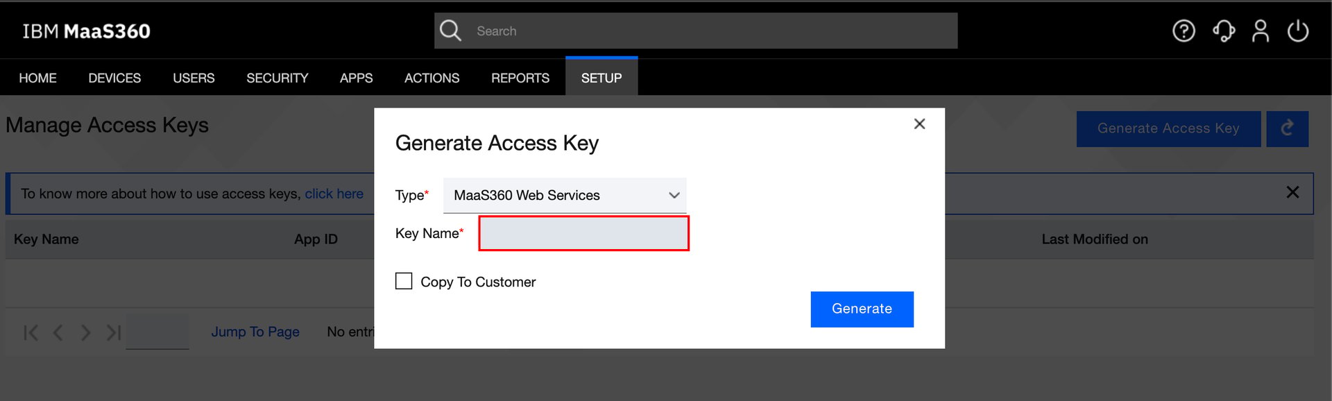 Generate Access Keyダイアログ
