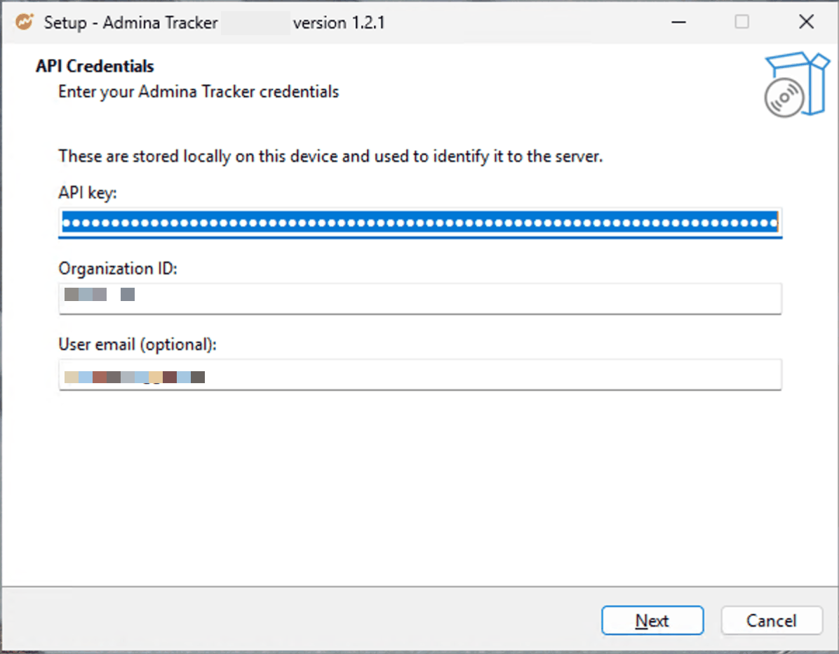 The API Credentials screen of the Windows Admina Tracker installer, with fields for API key, Organization ID, and User email (optional)