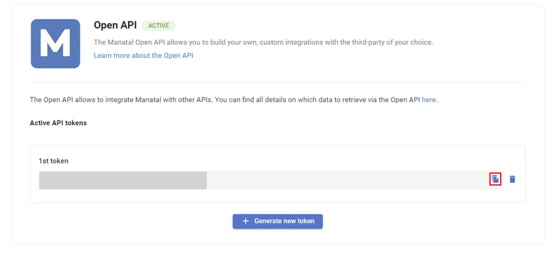 Open API screen with the copy icon for the generated token highlighted