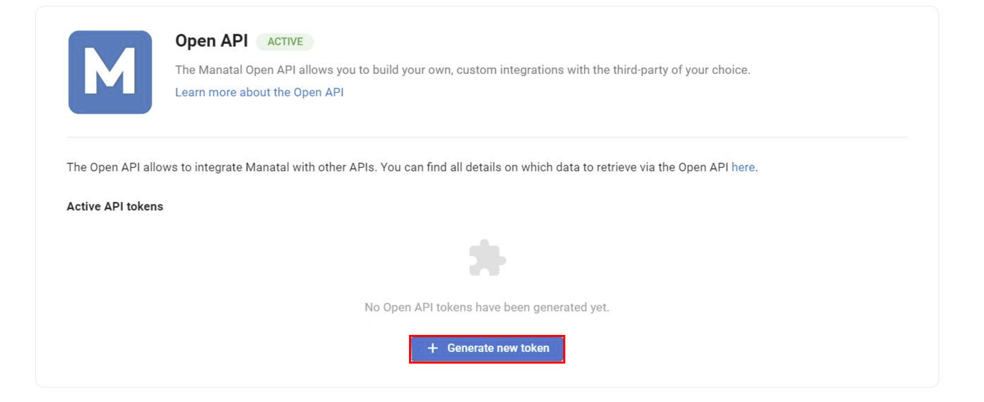 Open API screen with the Generate new token button highlighted