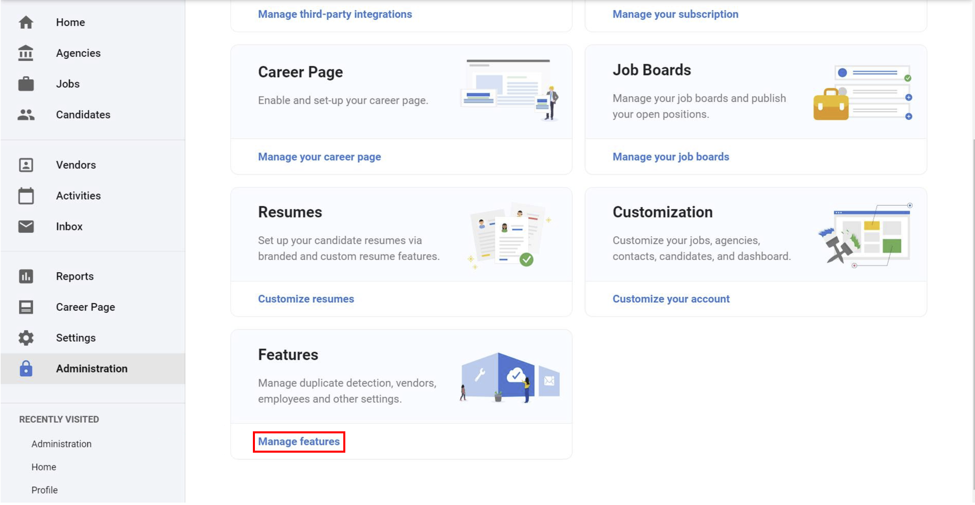 Administration screen with Manage features under Features highlighted