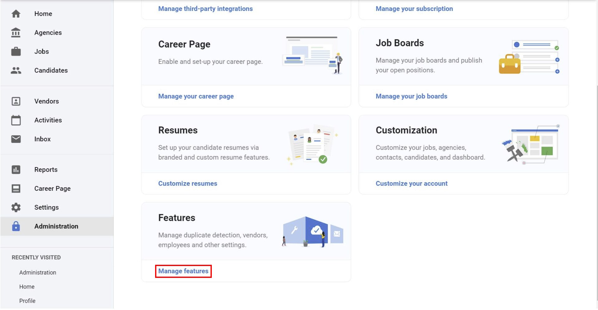 Administration screen with Manage features under Features highlighted