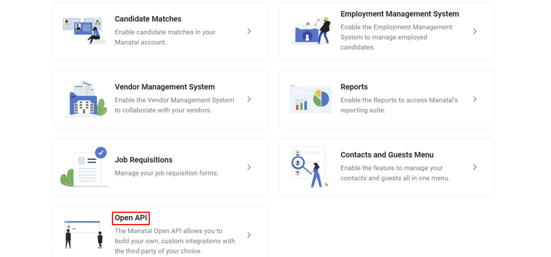 List of features with Open API highlighted