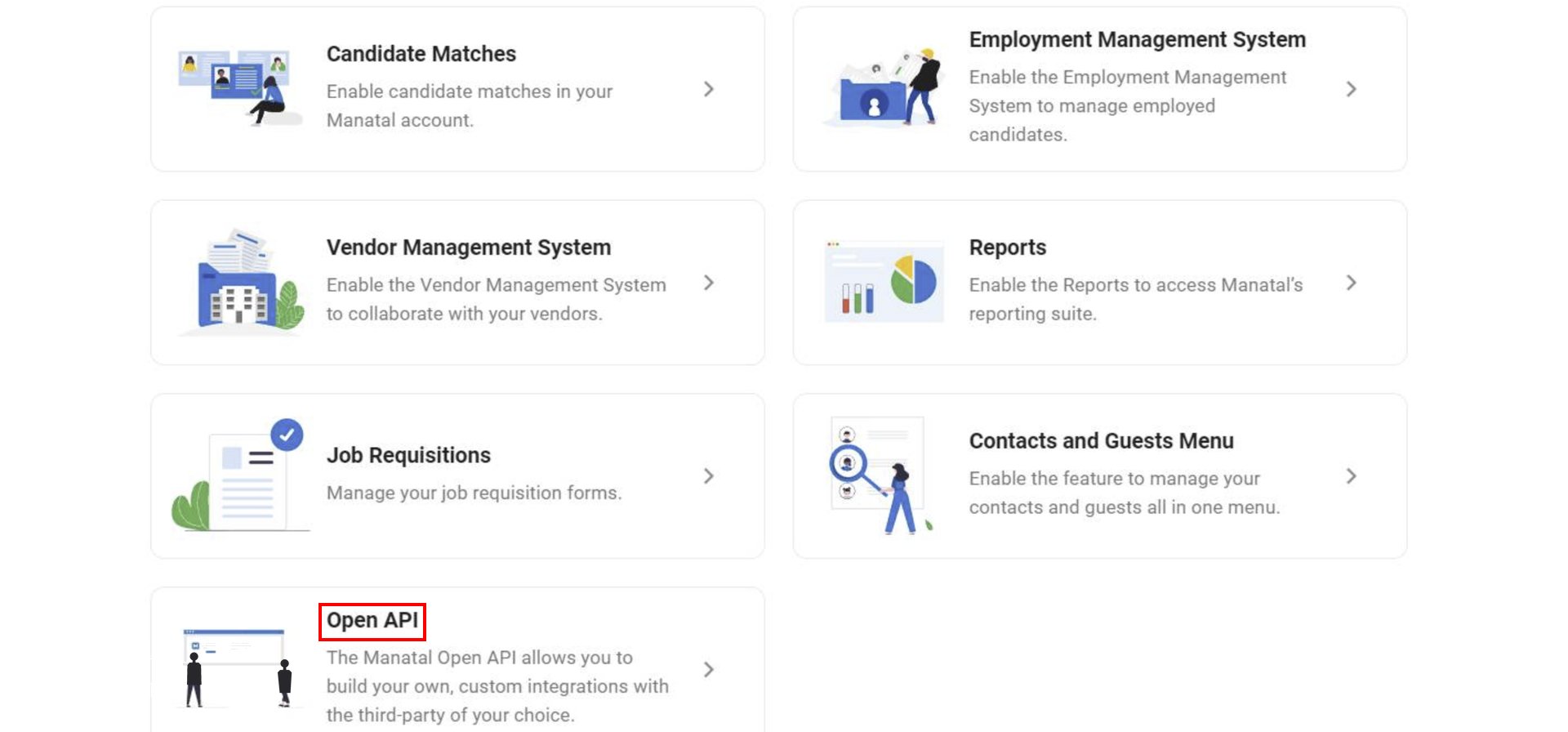 List of features with Open API highlighted