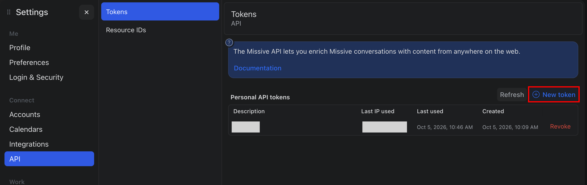 Missive API settings screen with the New token button for Personal API tokens highlighted