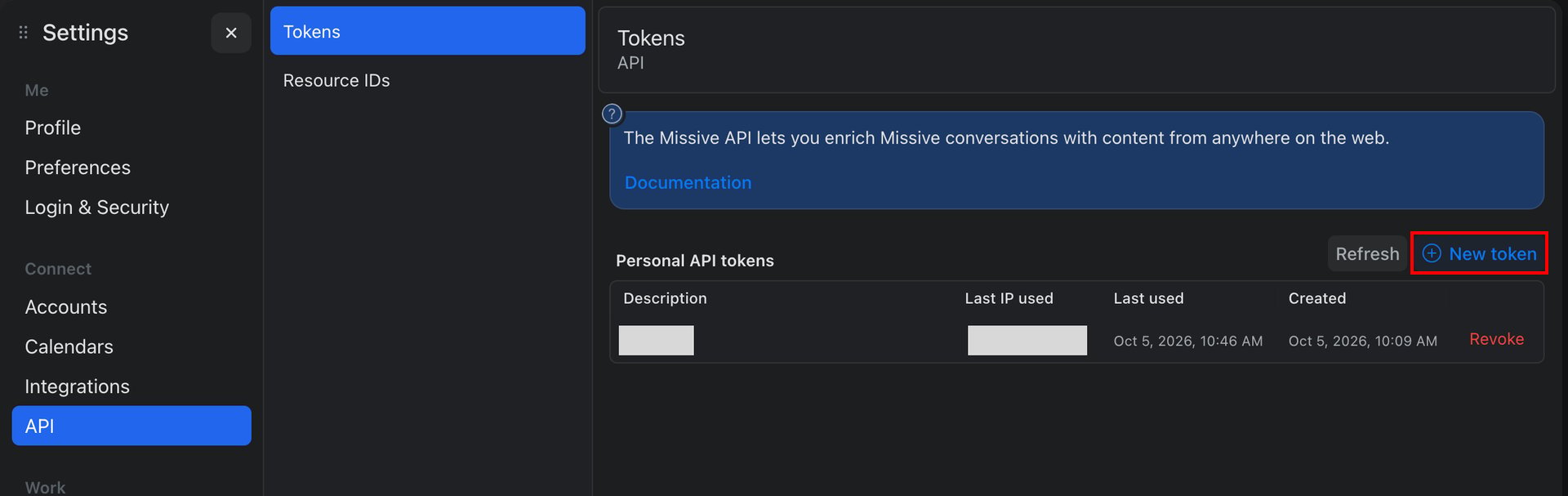 MissiveのAPI設定画面で、Personal API tokensのNew tokenボタンが示されている状態