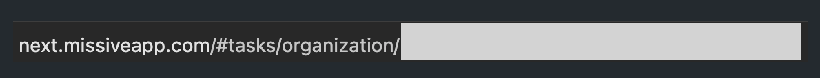 Missive page URL with the organization ID after organization/ masked