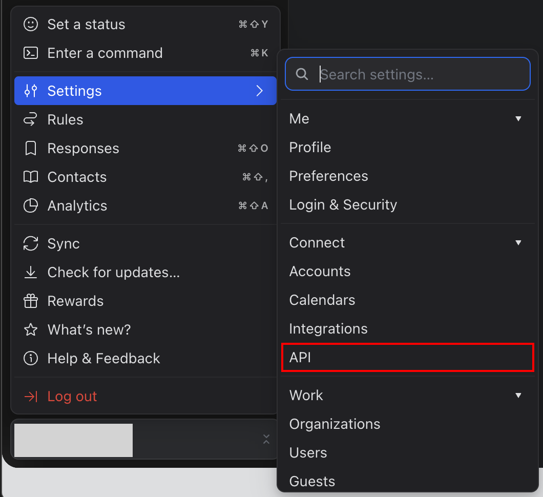Missive menu in the lower-left corner with API in the Settings submenu highlighted