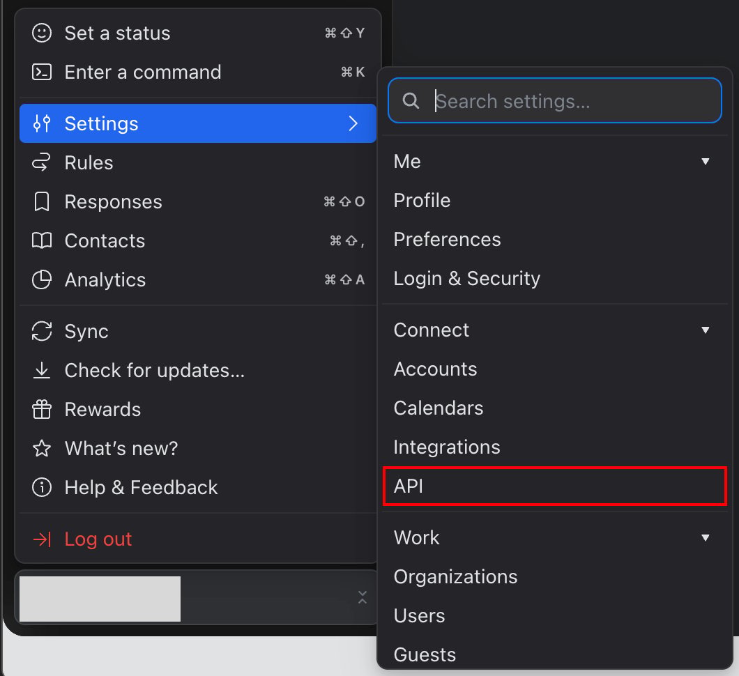 Missiveの画面左下のメニューで、Settings(設定)のサブメニューのAPIが示されている状態