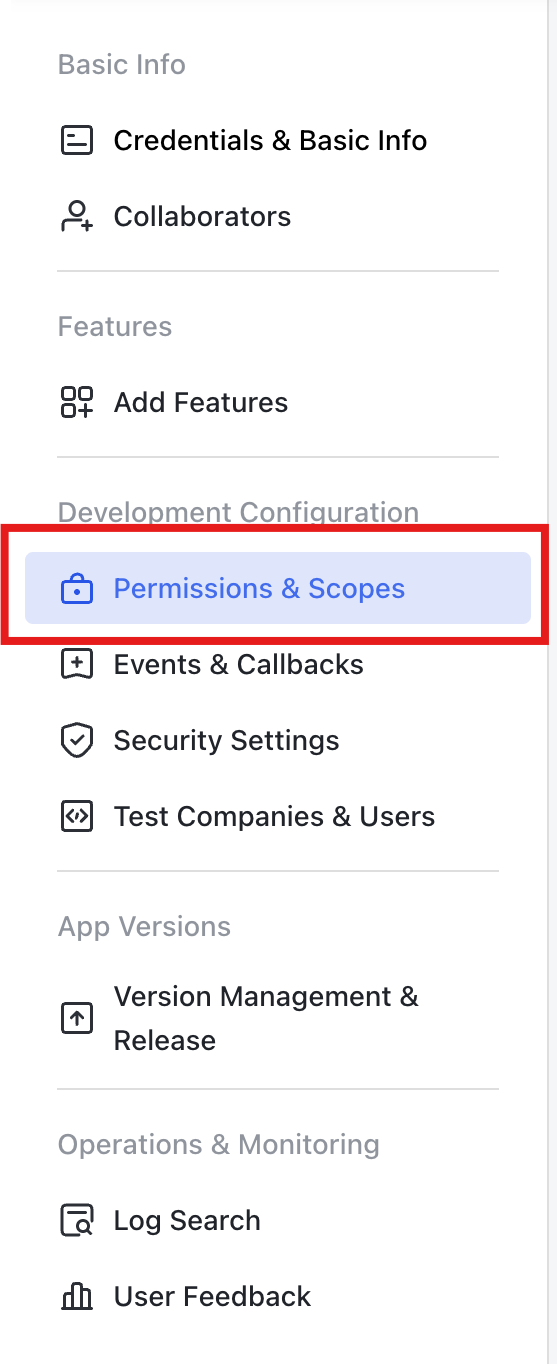 Permissions & Scopes menu
