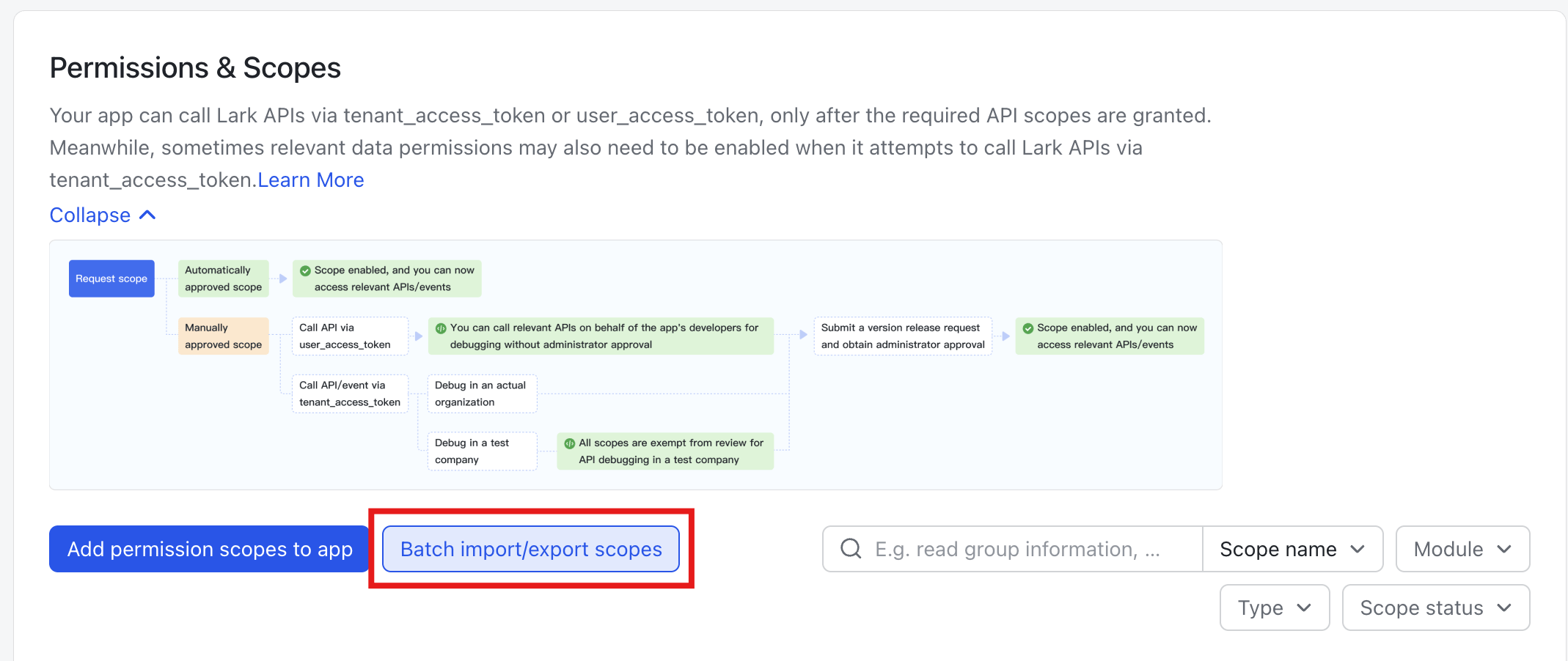 Batch import/export scopes button
