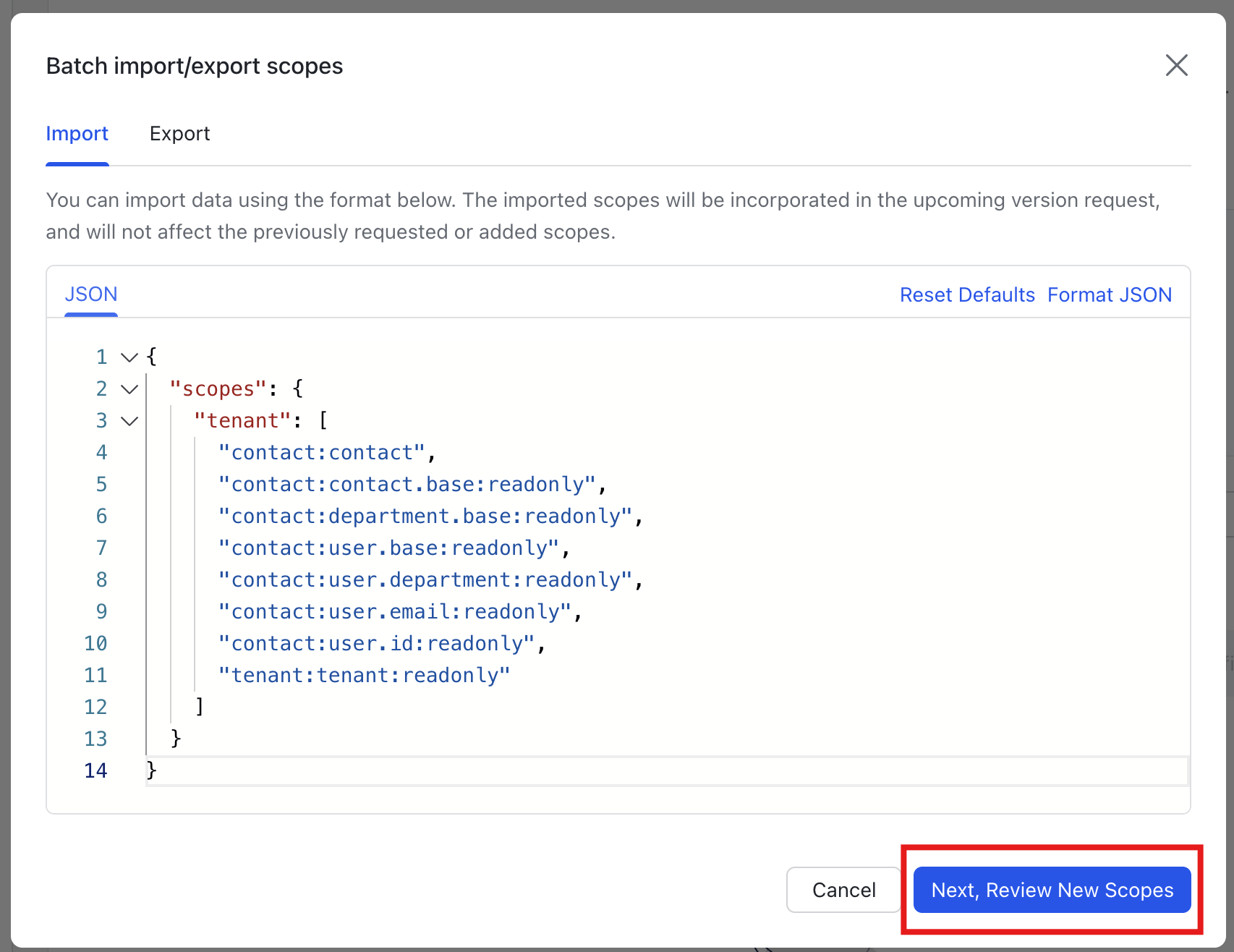 Scope JSON input screen