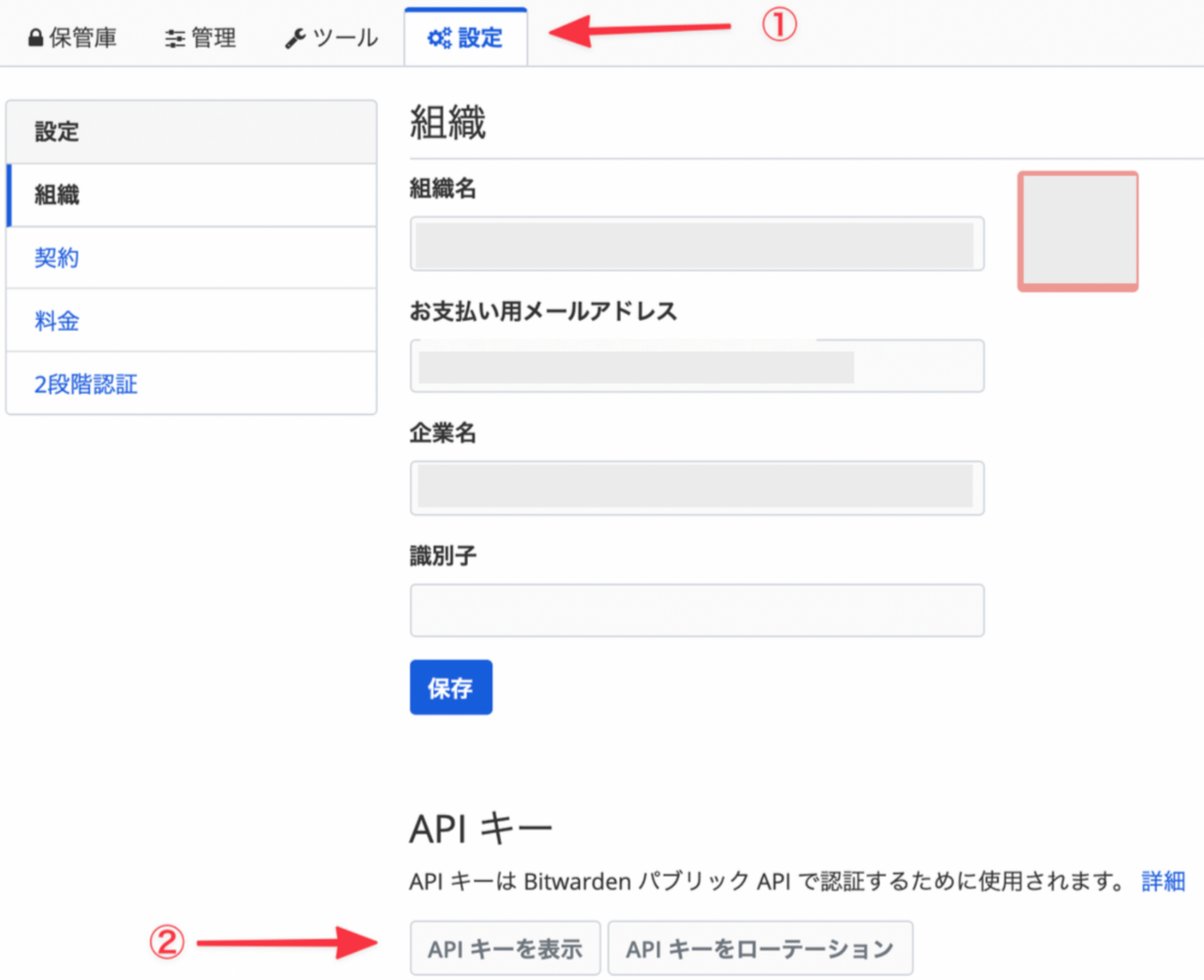 API key display screen