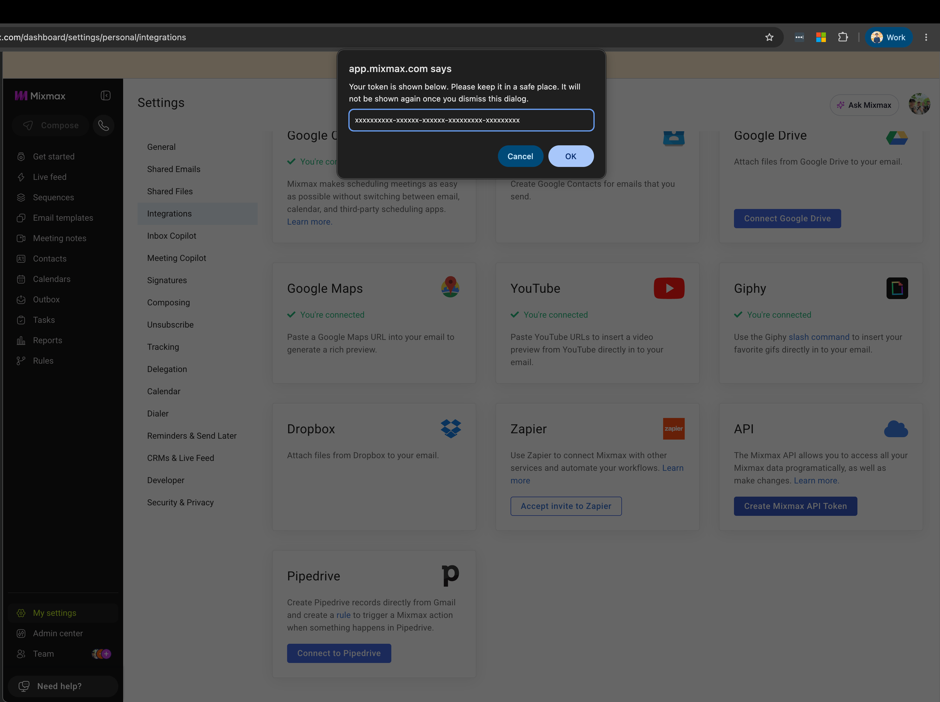API token issued screen