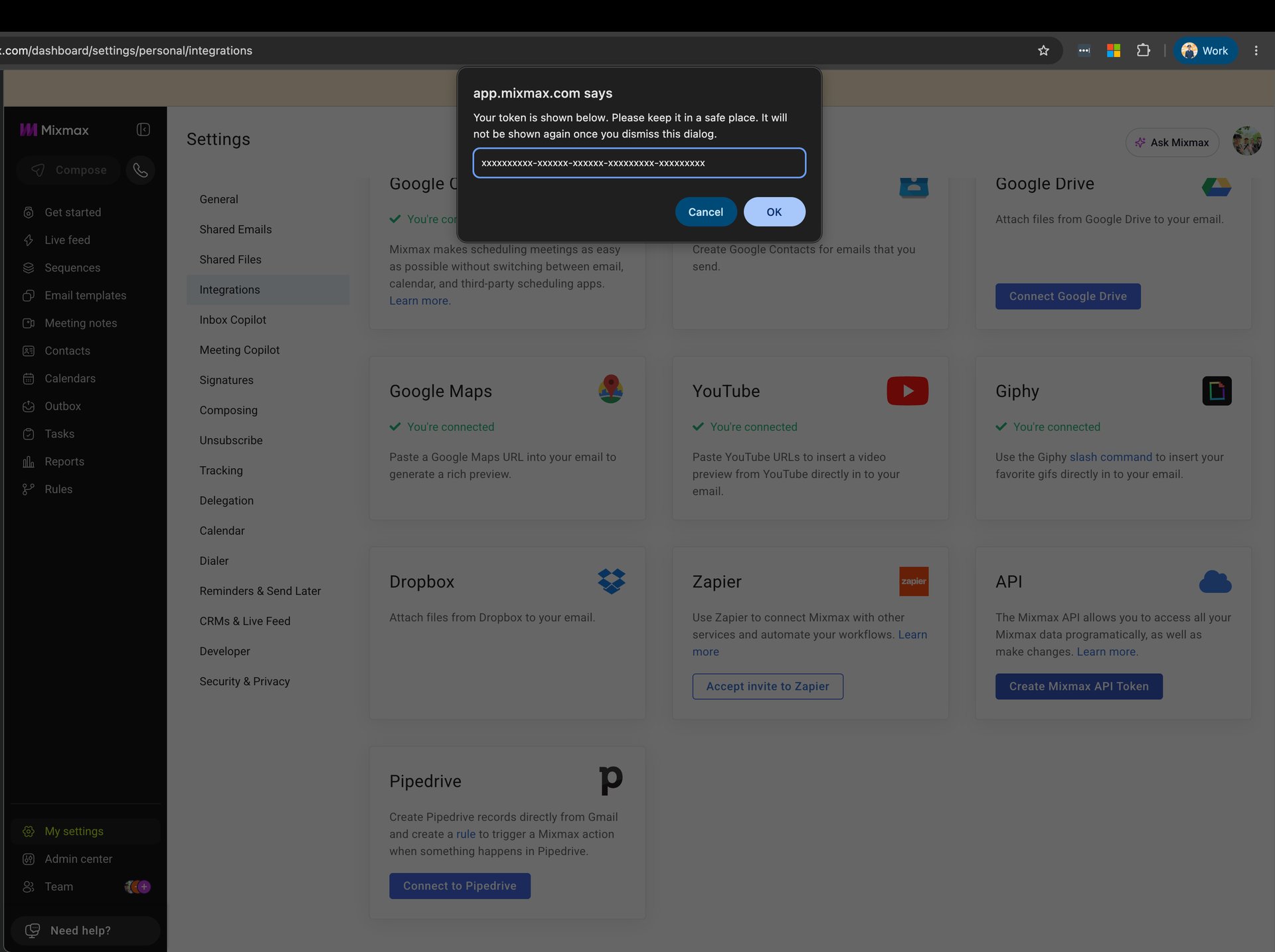 API token issued screen