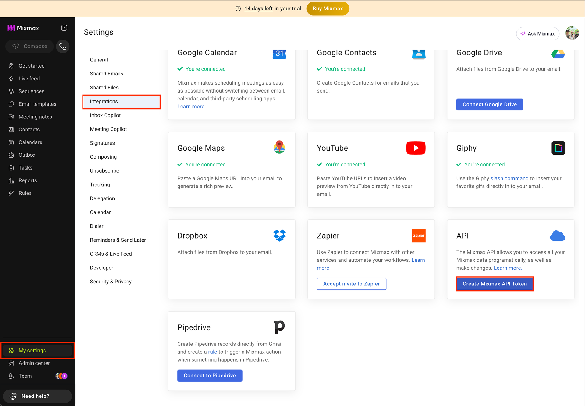 Integrations settings screen