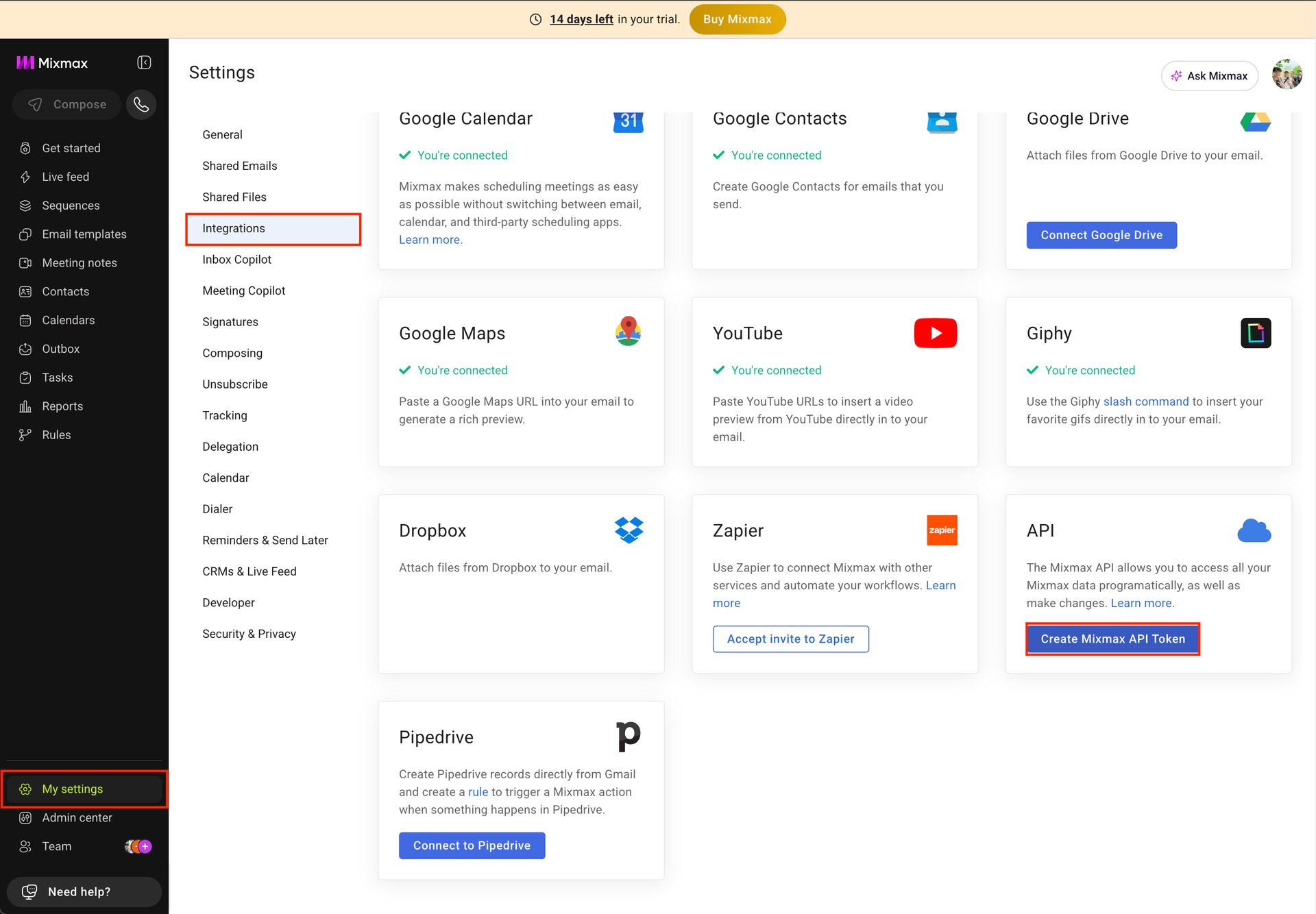 Integrations settings screen
