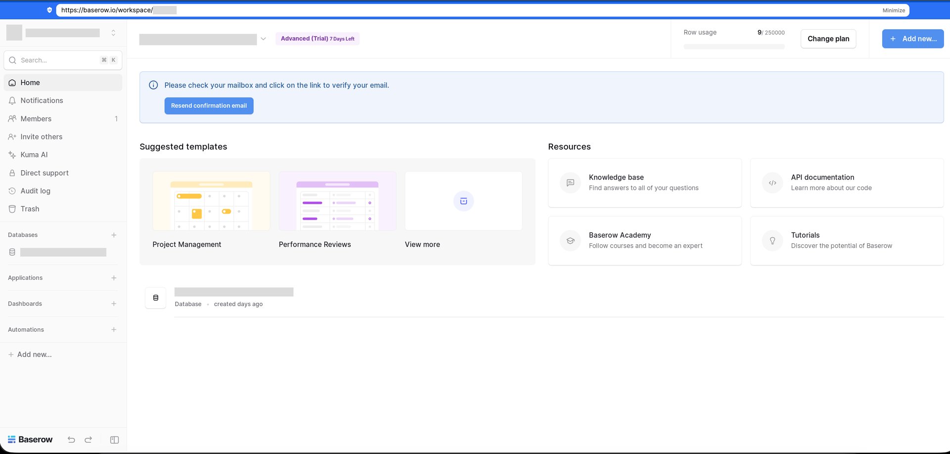 BaserowのURLでworkspaceの後ろにワークスペースIDが表示されている状態
