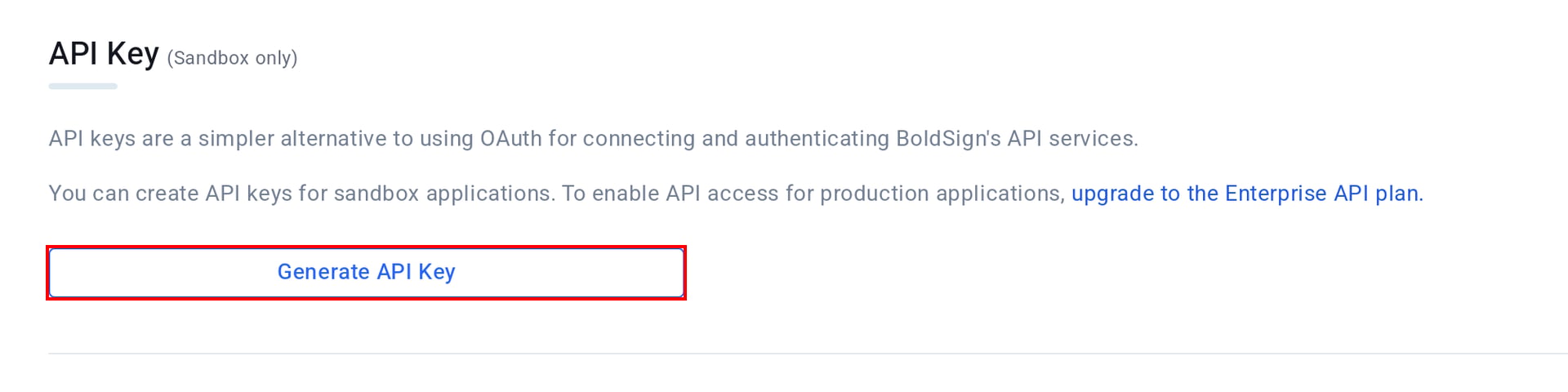 BoldSignのAPI Key画面でGenerate API Keyボタンが表示されている状態