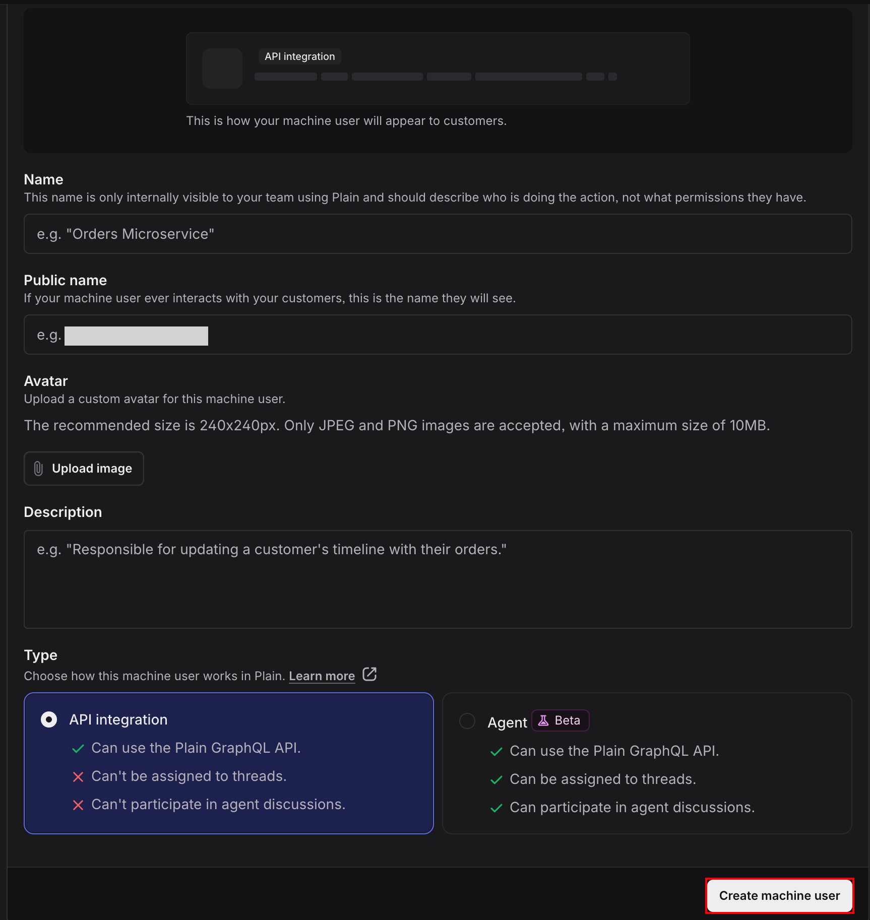 Machine user creation screen with API integration selected and the Create machine user button highlighted