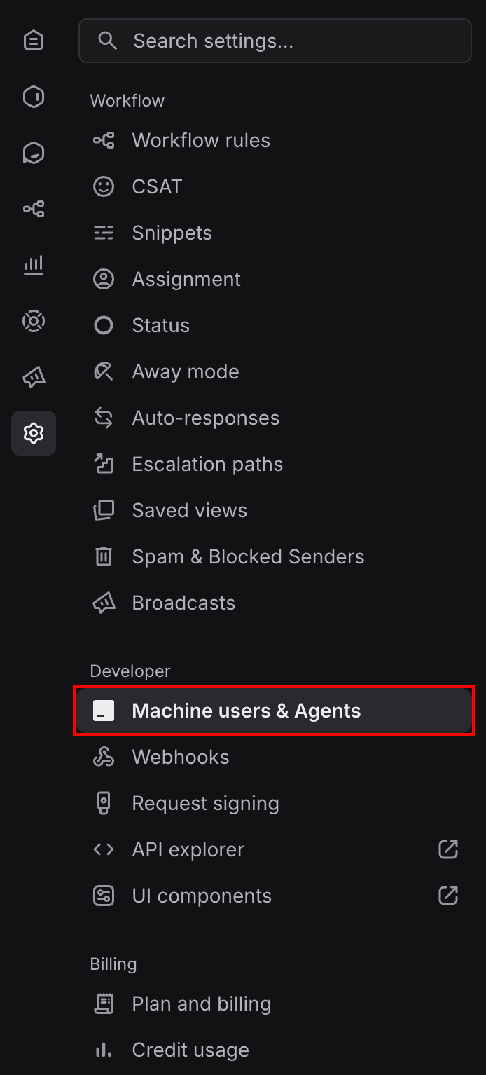 Plain settings menu with Machine users & Agents under Developer highlighted