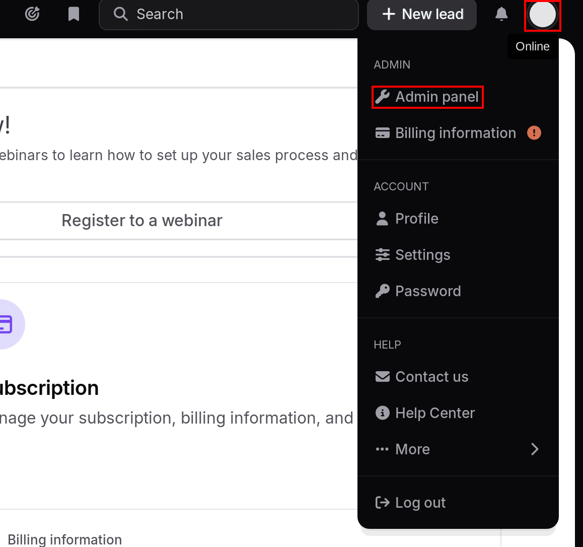 noCRM.io avatar in the upper-right corner and Admin panel in the menu highlighted